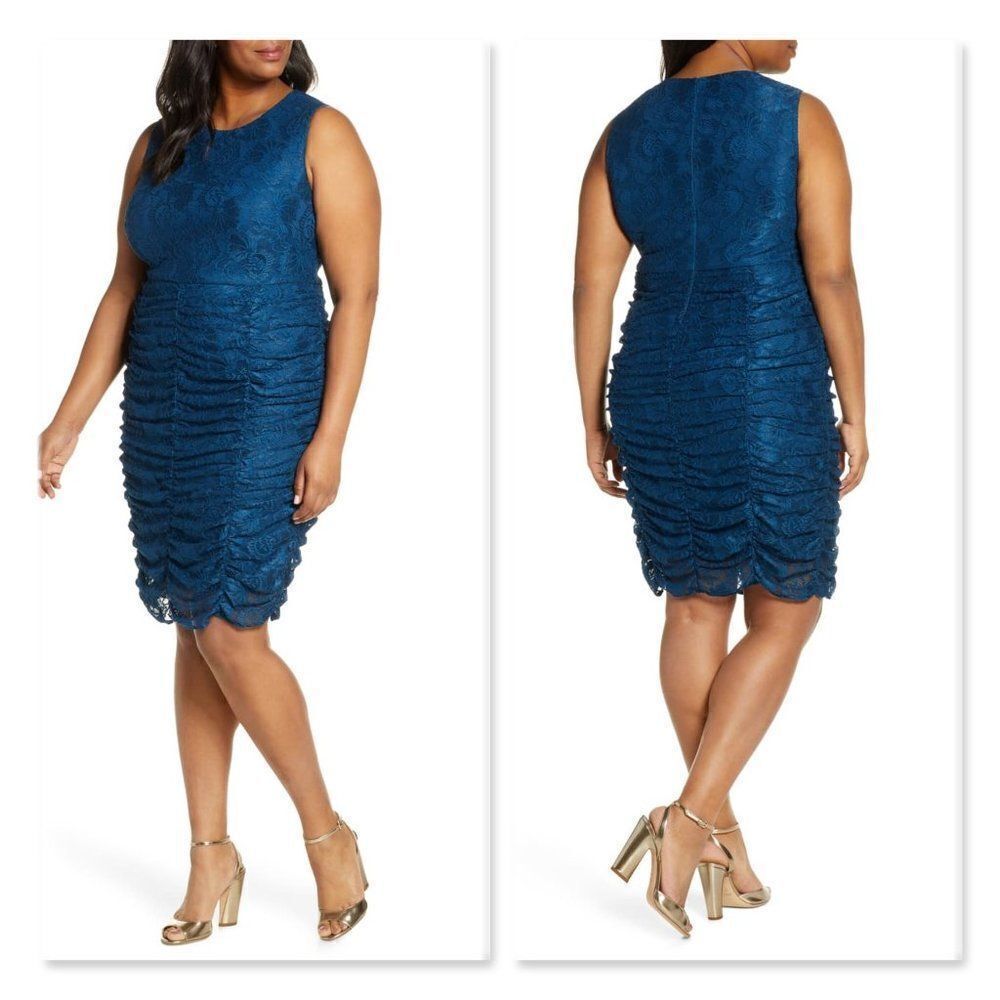 Eliza J Ruched Lace Bodycon Dress in Teal